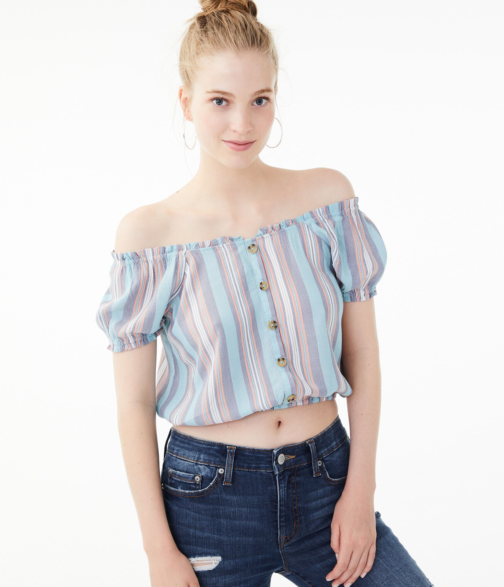 Striped Button-Front Peasant Top