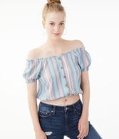 Striped Button-Front Peasant Top