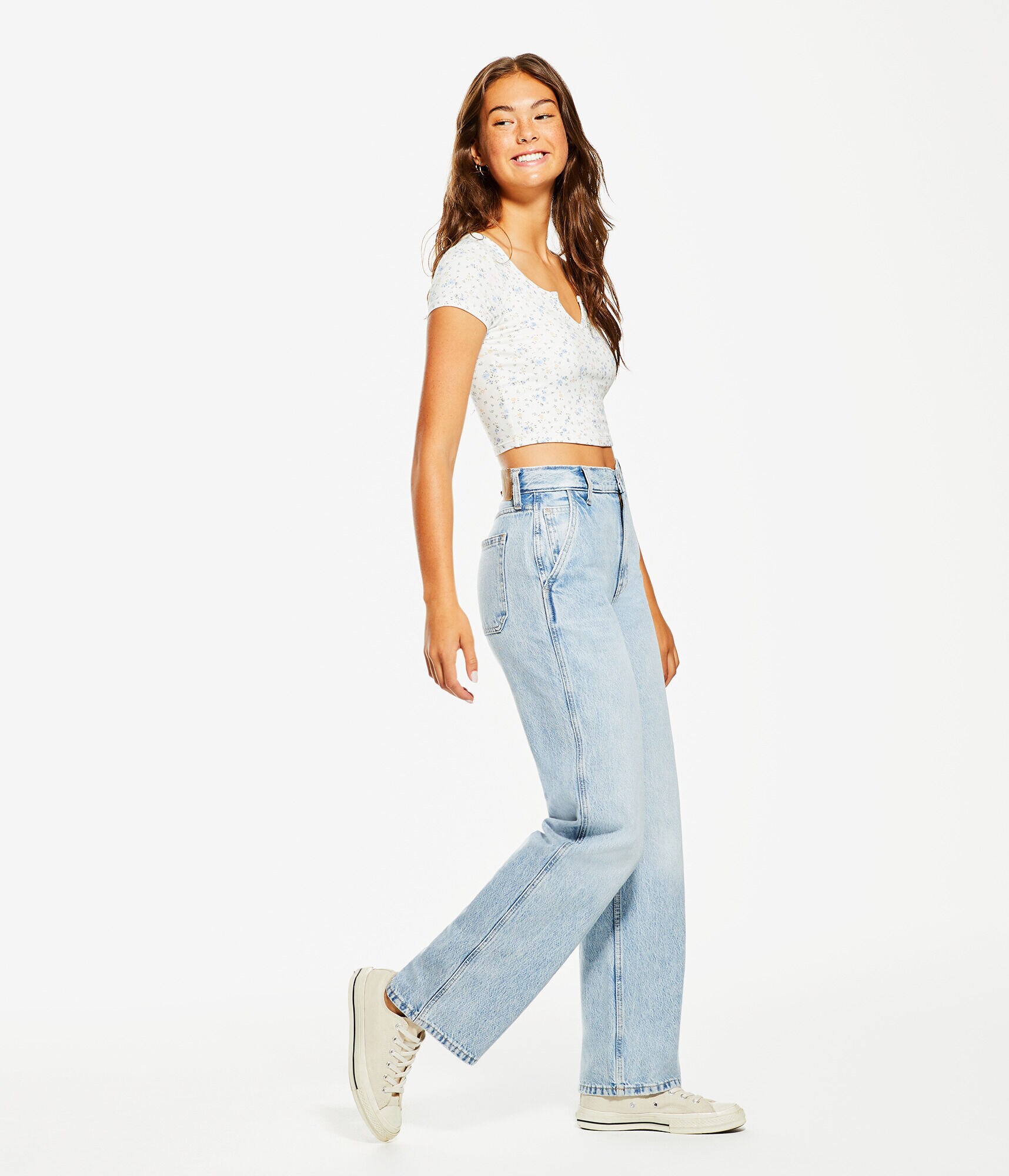 Floral Notch-Neck Shrunken Tee