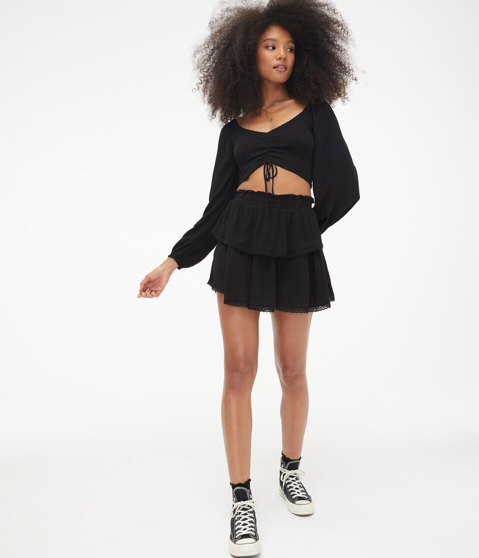 High-Waisted Lace-Trim Ruffle Skirt