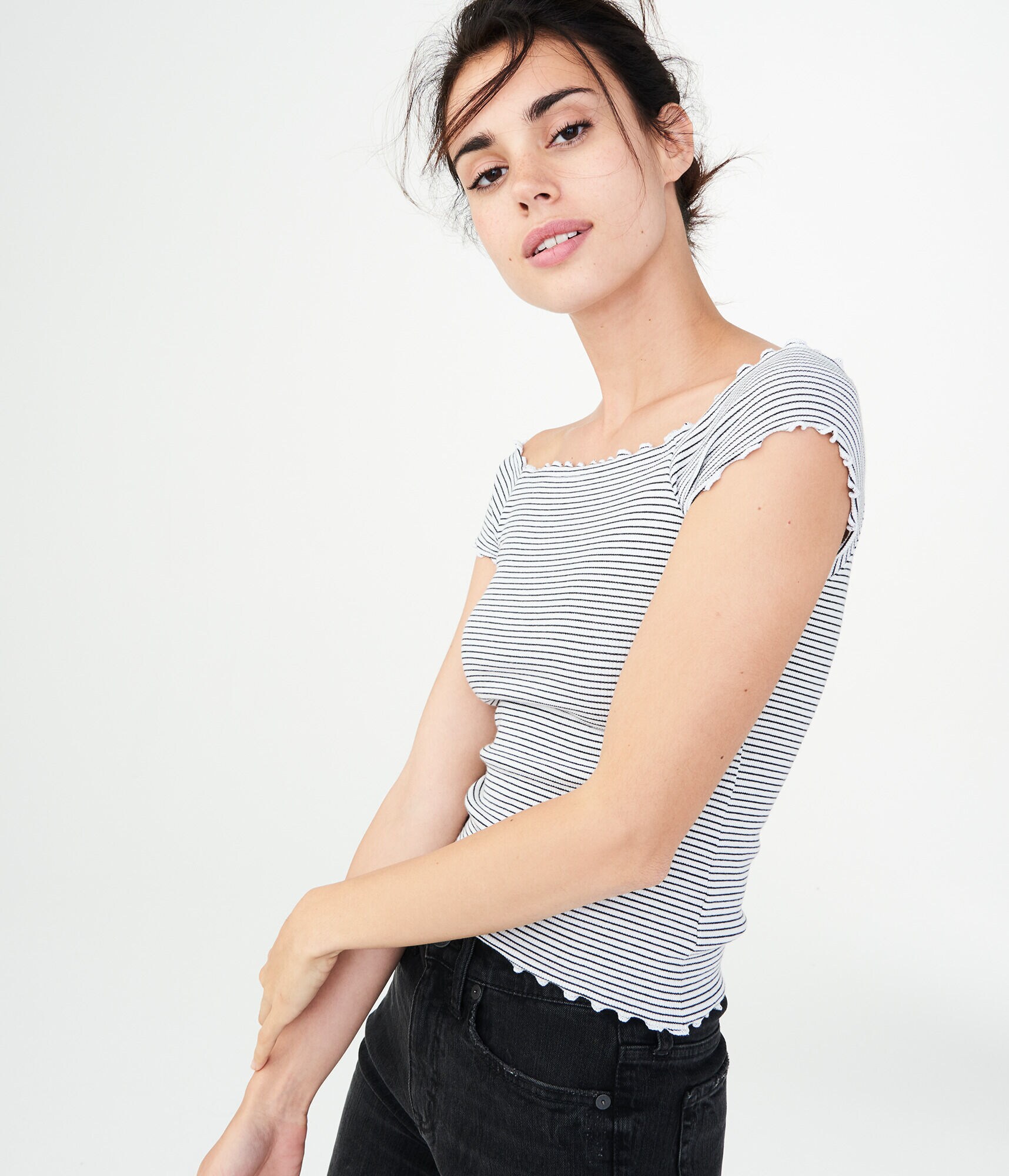 Striped Lettuce-Trim Off-The-Shoulder Top