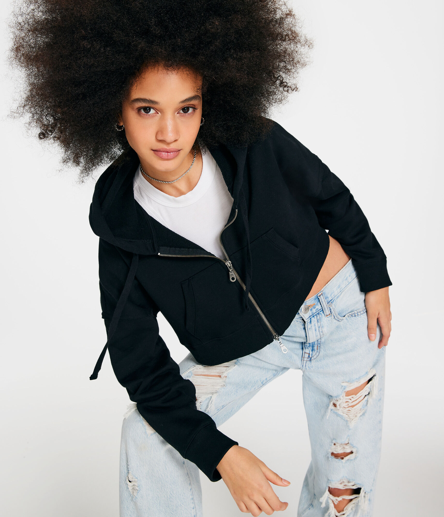 Solid Cropped Oversized Full-Zip Hoodie