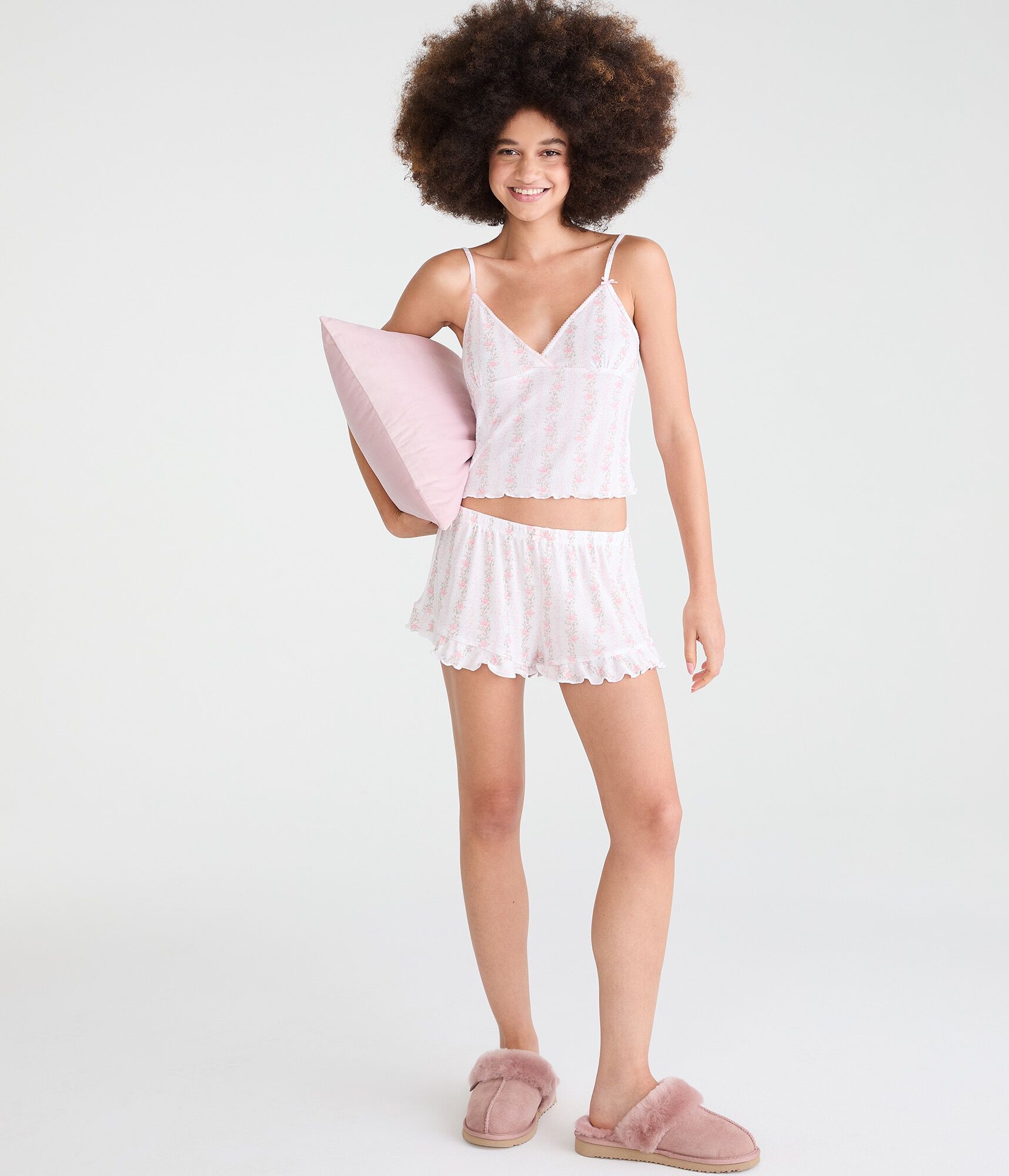 Floral Stripe Pointelle Ruffle Sleep Shorts