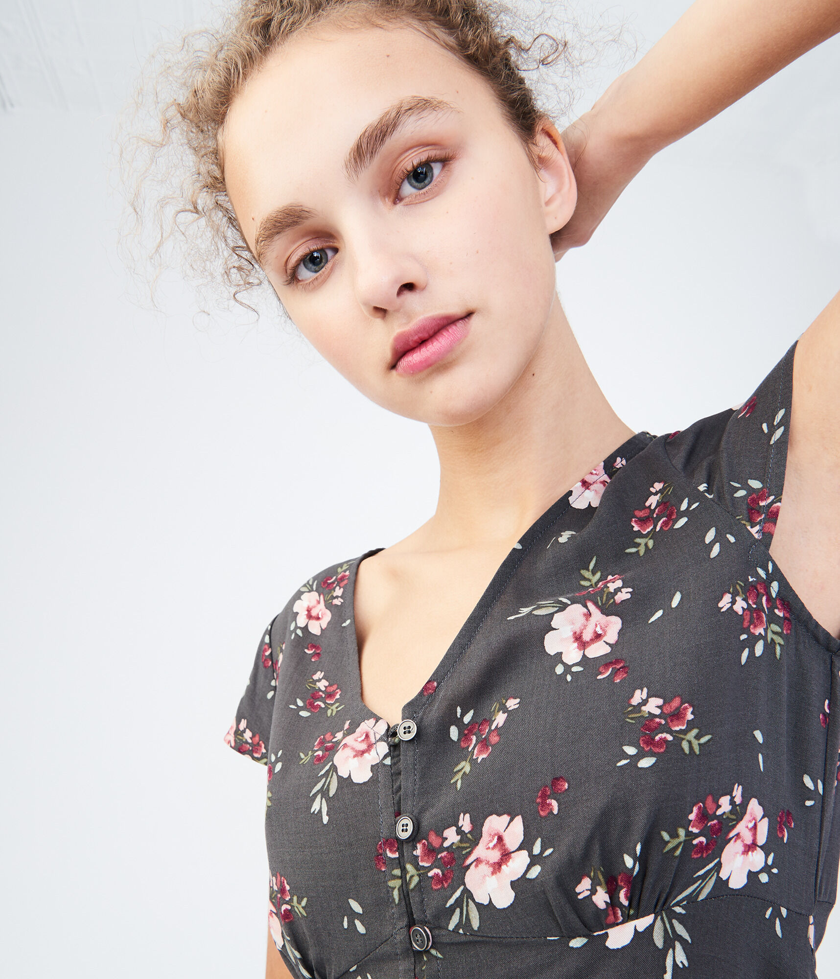 Floral V-Neck Button-Front Shirt Dress