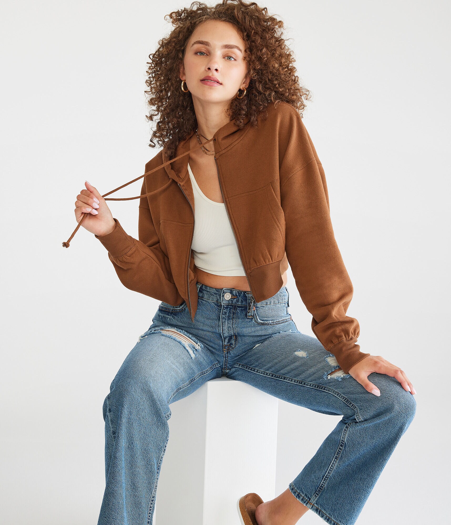 Oversized Cropped Full-Zip Hoodie