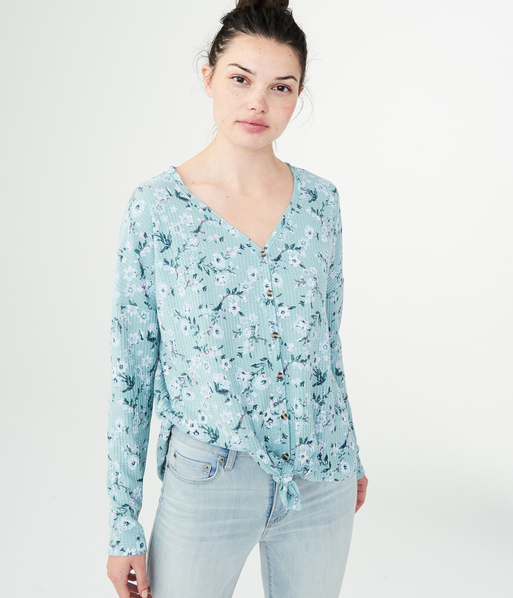 Long Sleeve Floral WaffleKnit Top