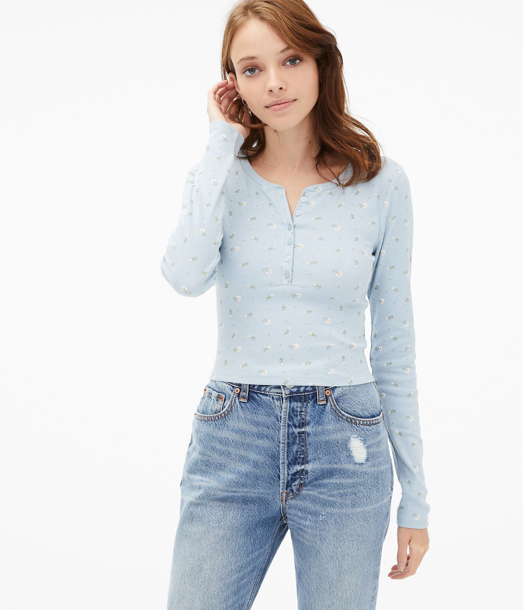 Long Sleeve Floral Cropped Henley Shrunken Tee