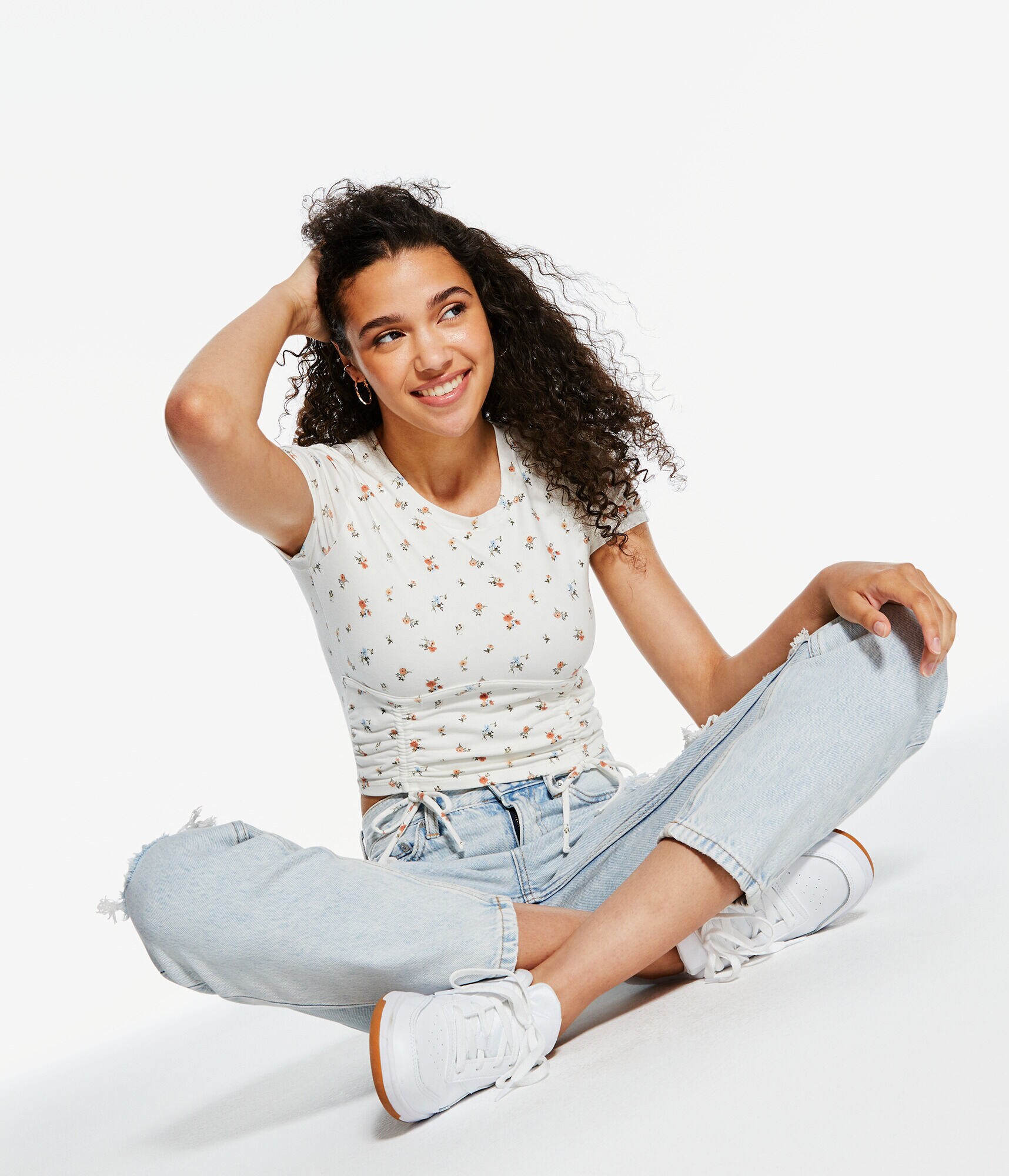 Floral Corset-Cinch Cropped Tee