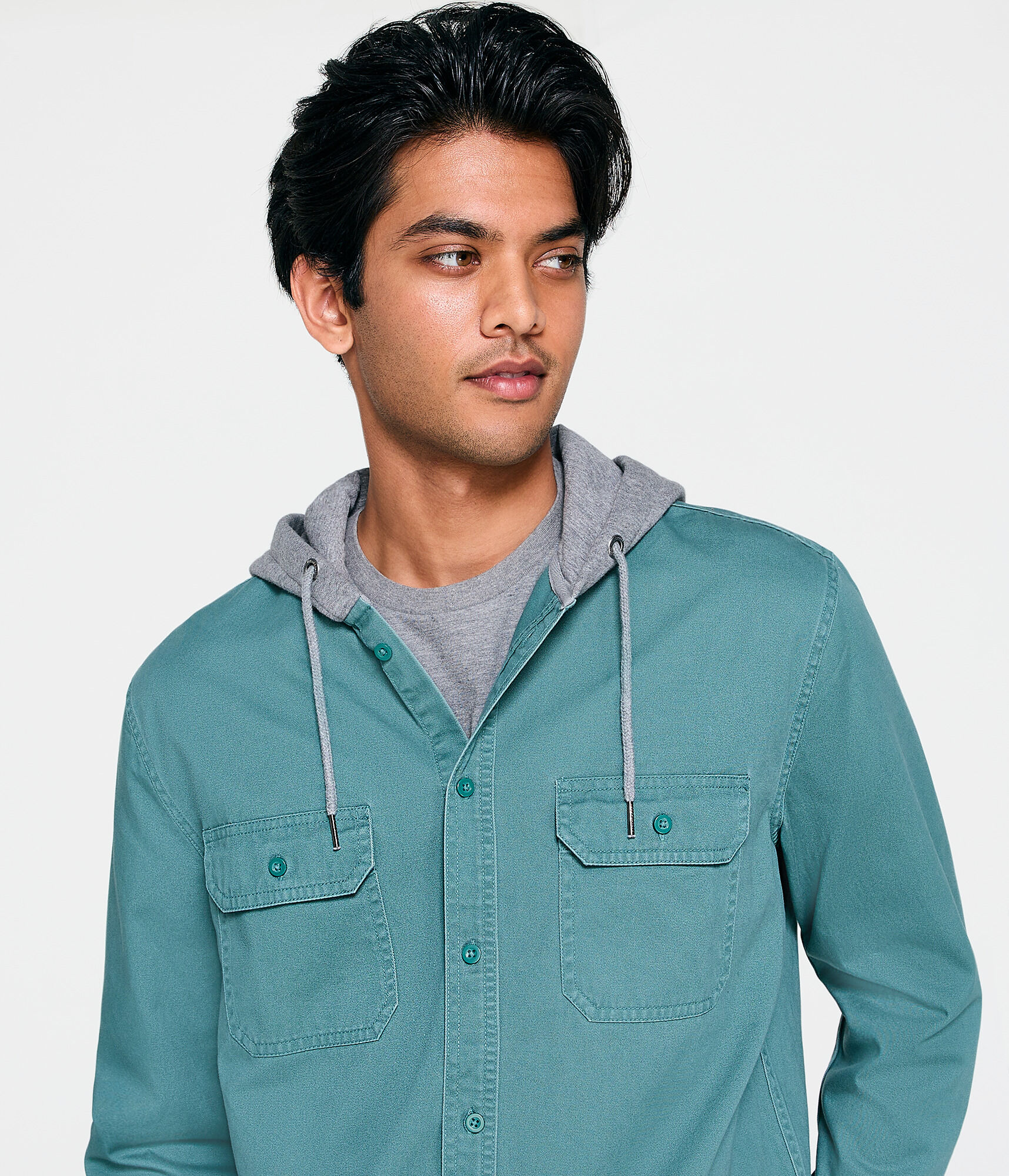Long Sleeve Hooded Twill Button-Down Shirt