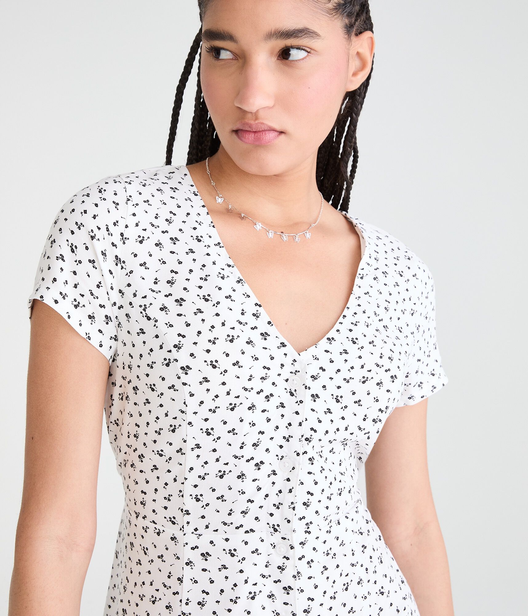 Printed V-Neck Buttoned A-Line Dress