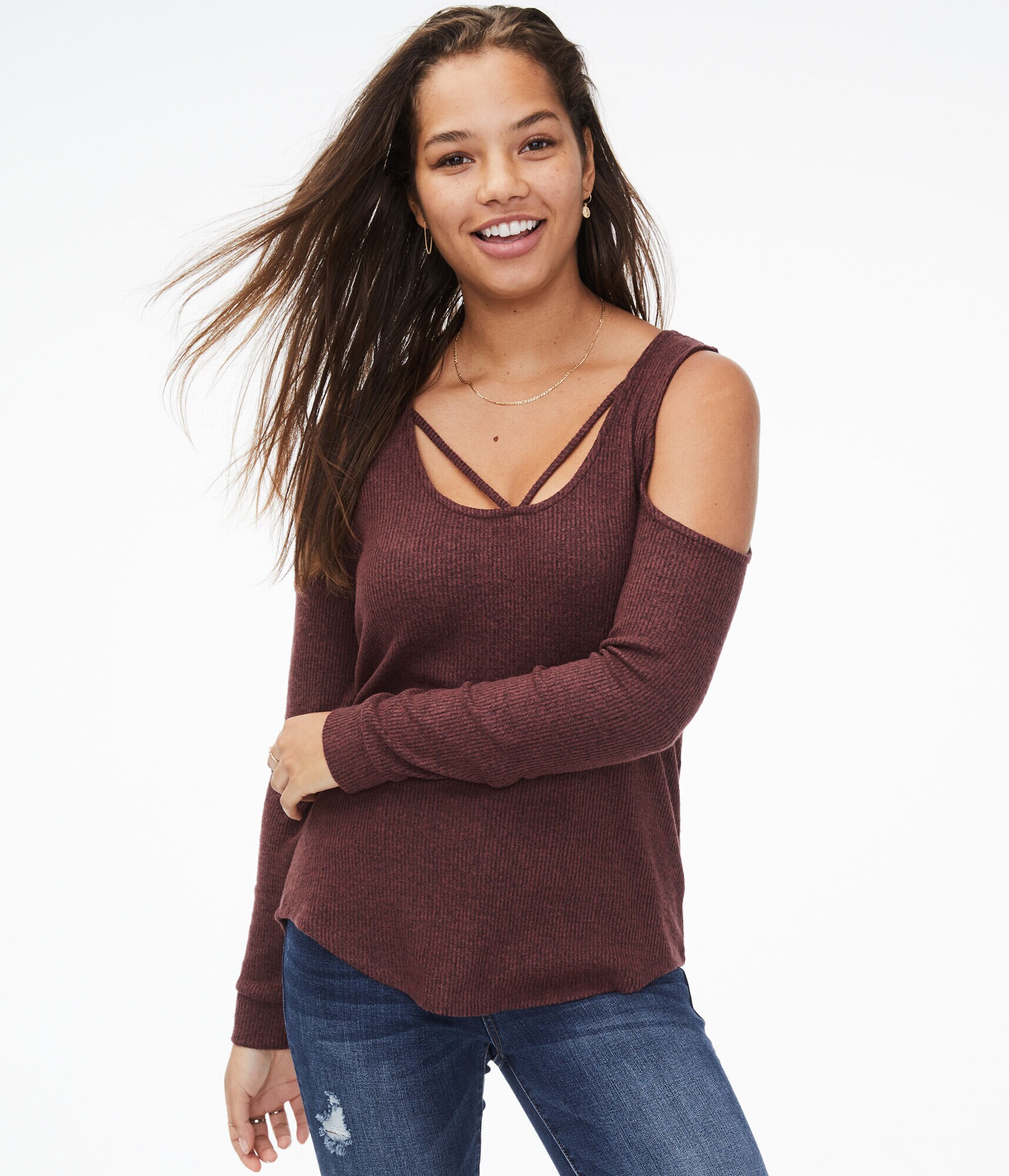 Long Sleeve Strappy Cold-Shoulder Top***