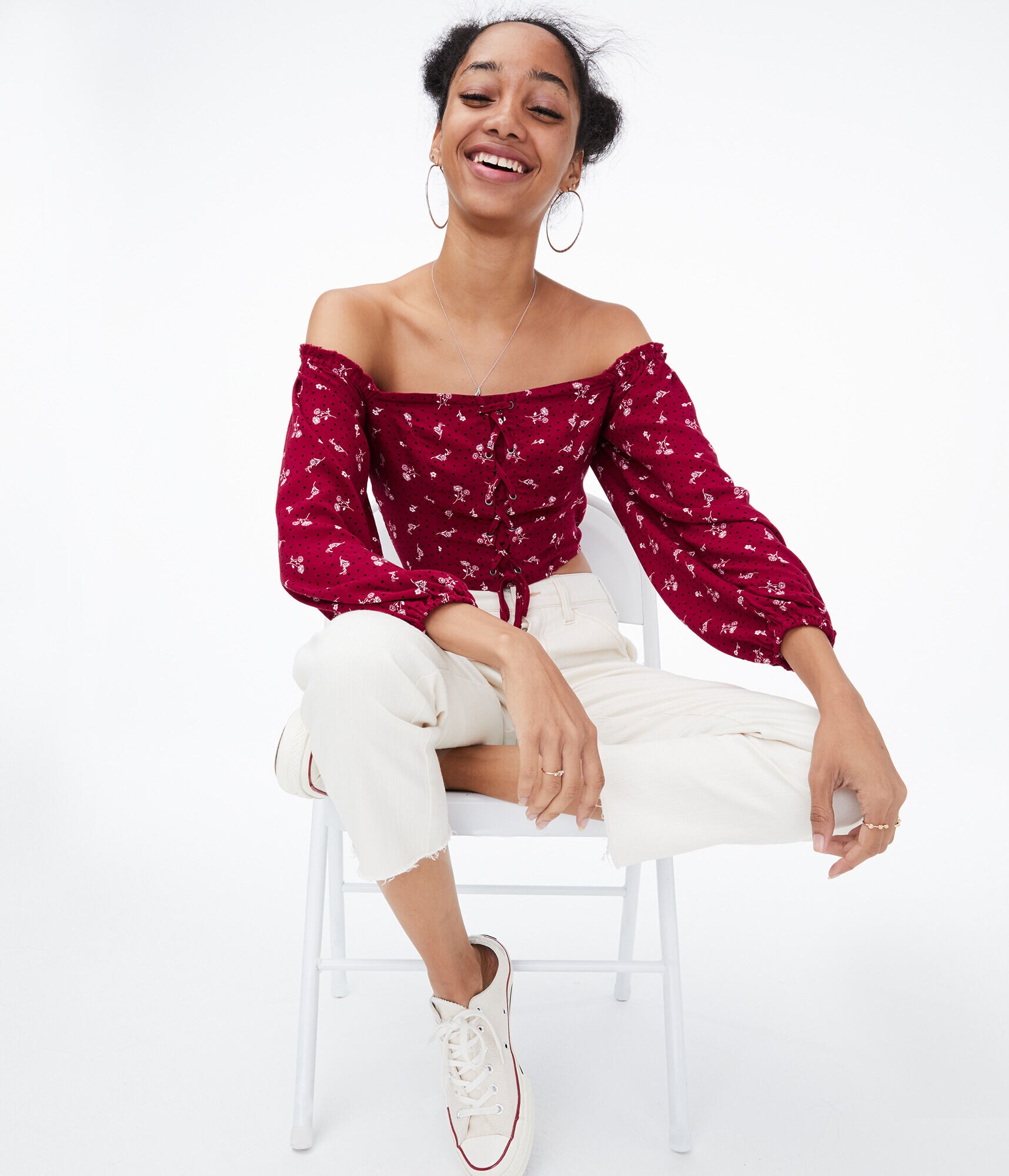 Floral Lace-up Off-The-Shoulder Crop Top