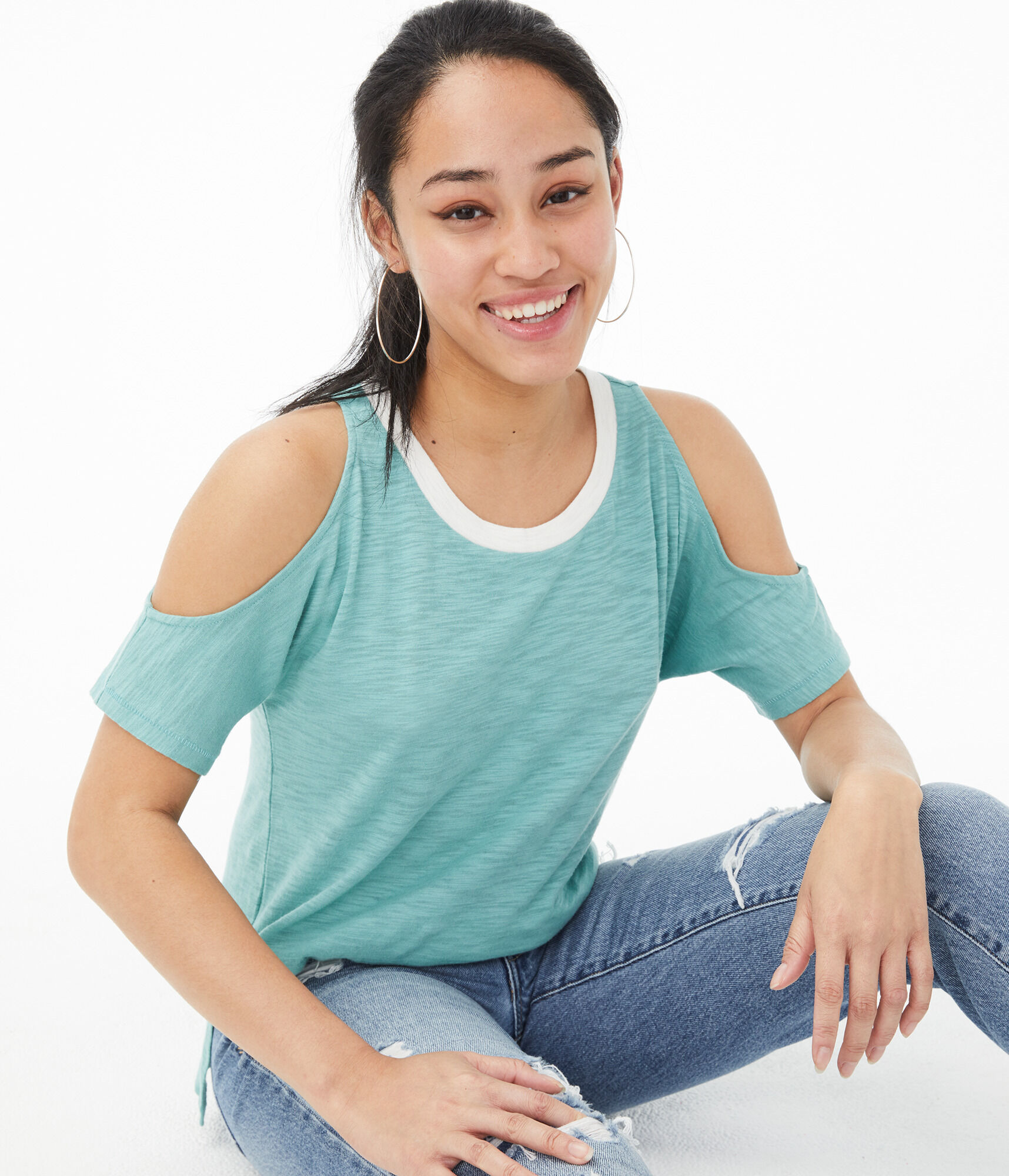 Ringer Cold-Shoulder Crew Tee