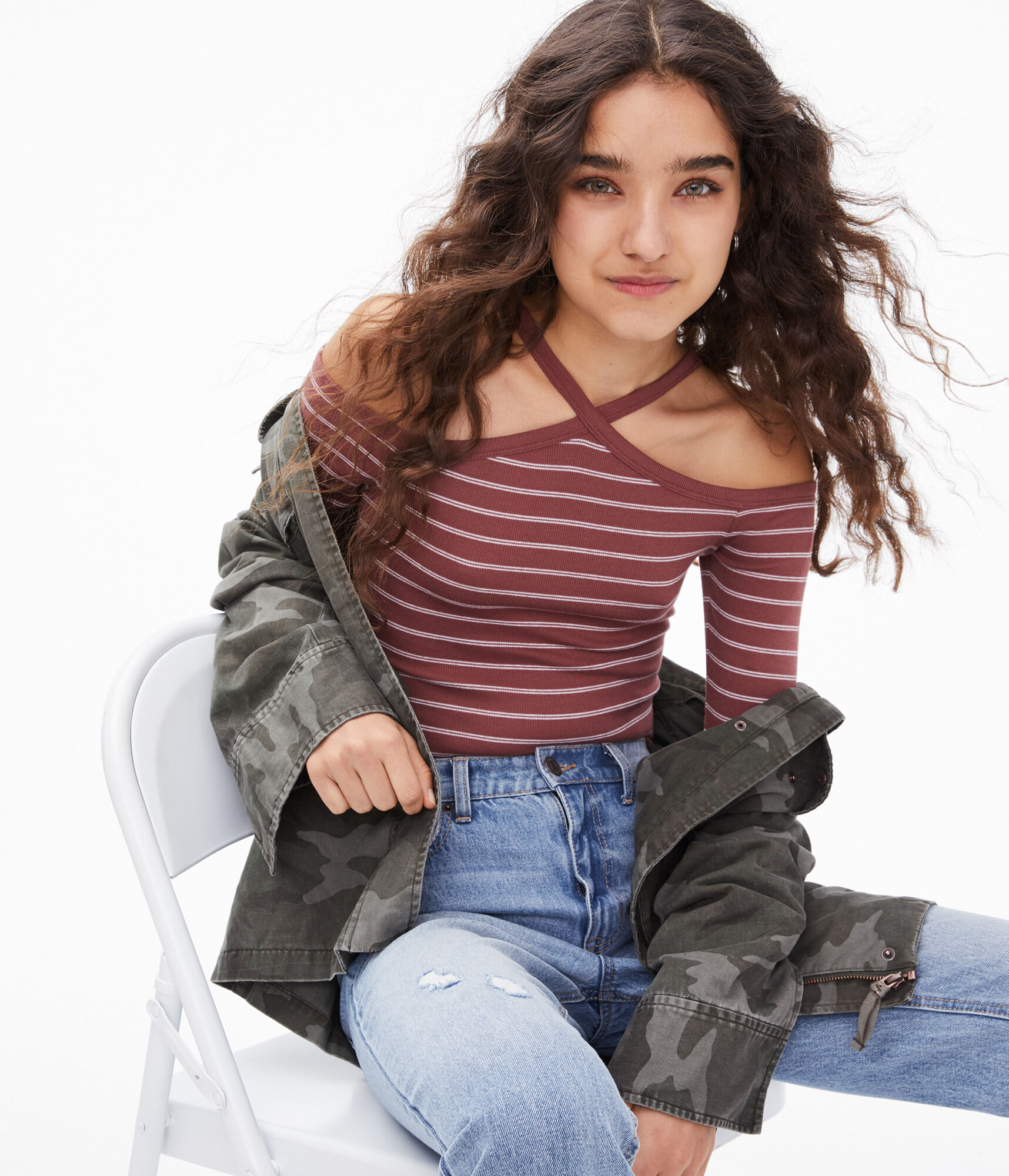 Long Sleeve Striped Cold-Shoulder Diamond-Neck Bodycon Top