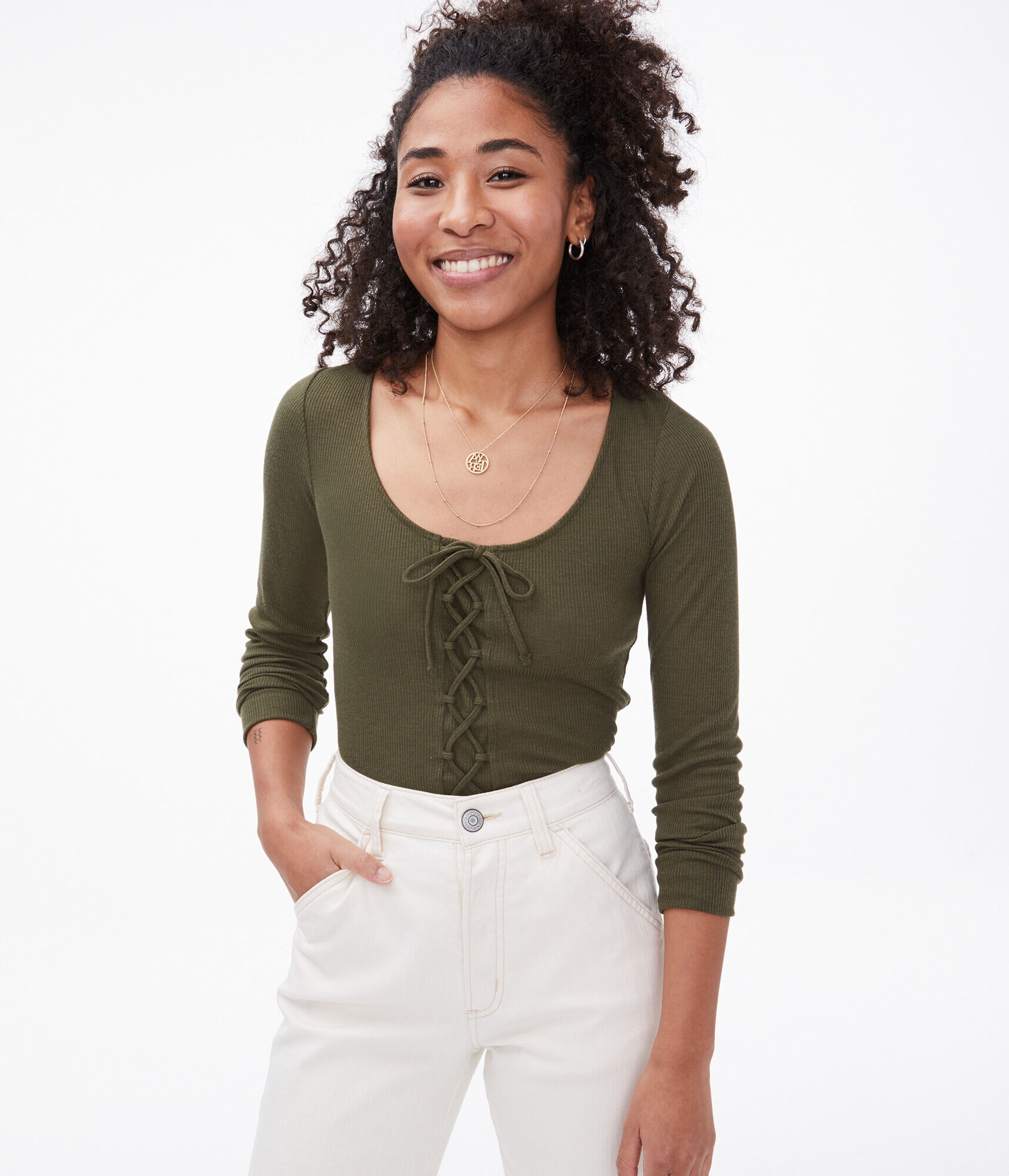 Long Sleeve Lace-Up Bodycon Top