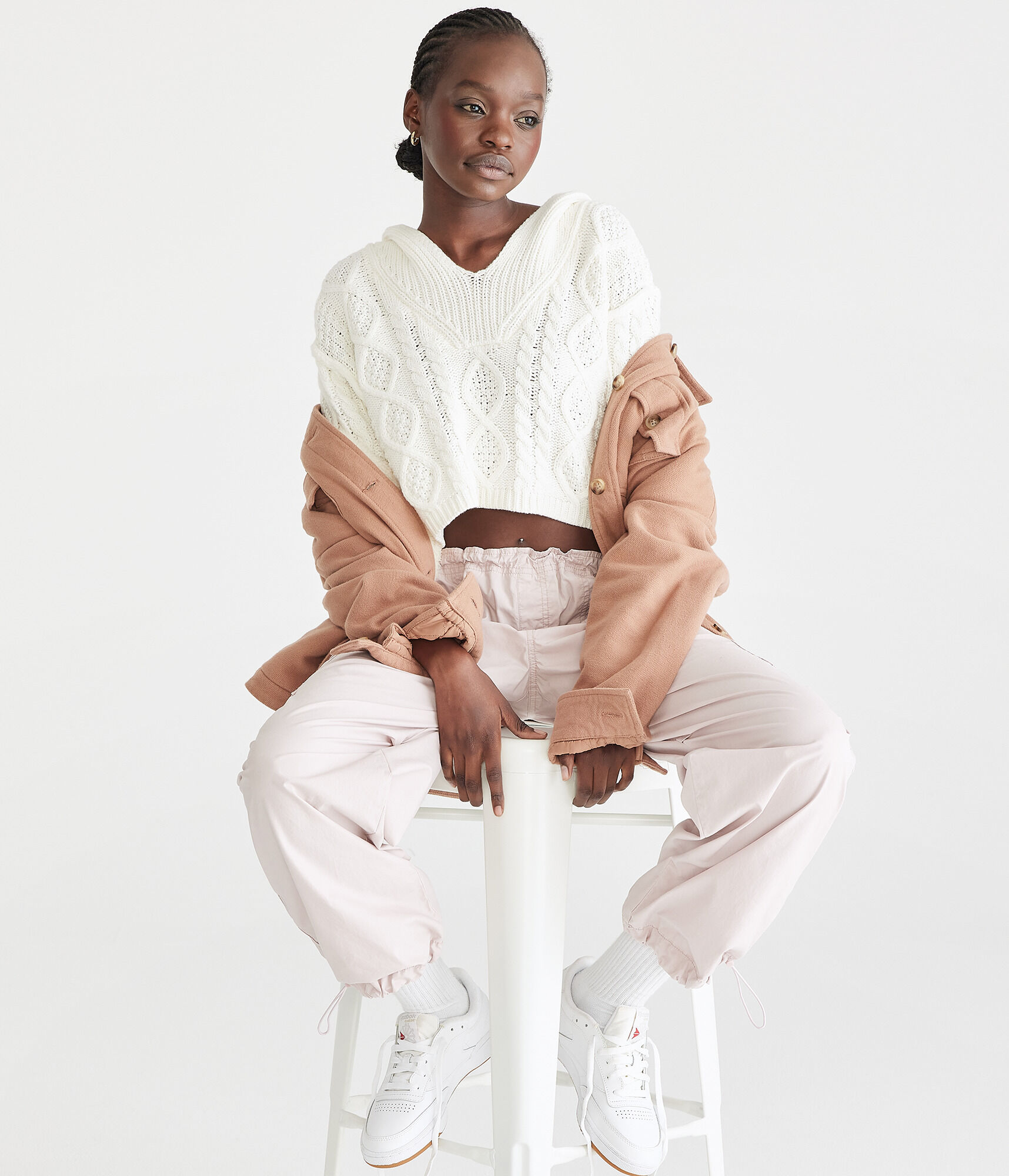 Cropped Cable-Knit Hooded Sweater