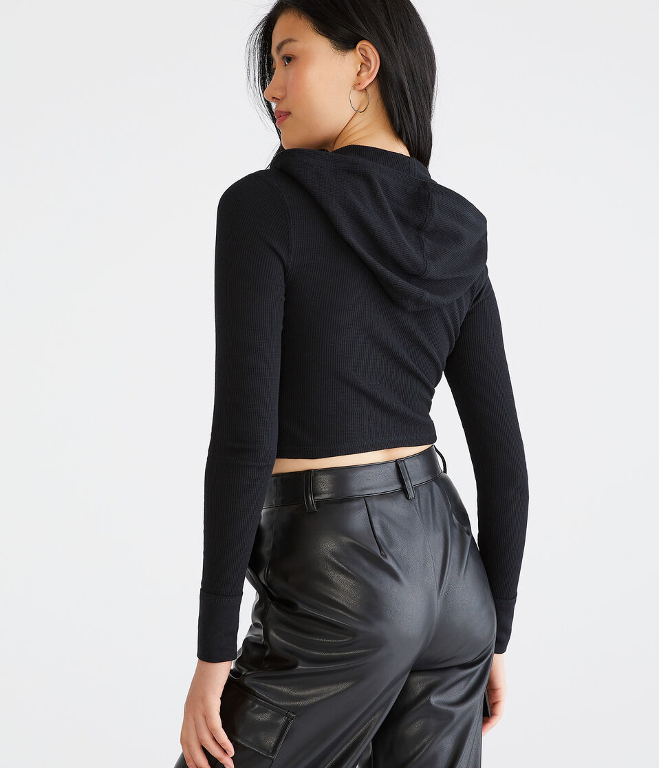 Long Sleeve Cropped Hooded Waffle Henley