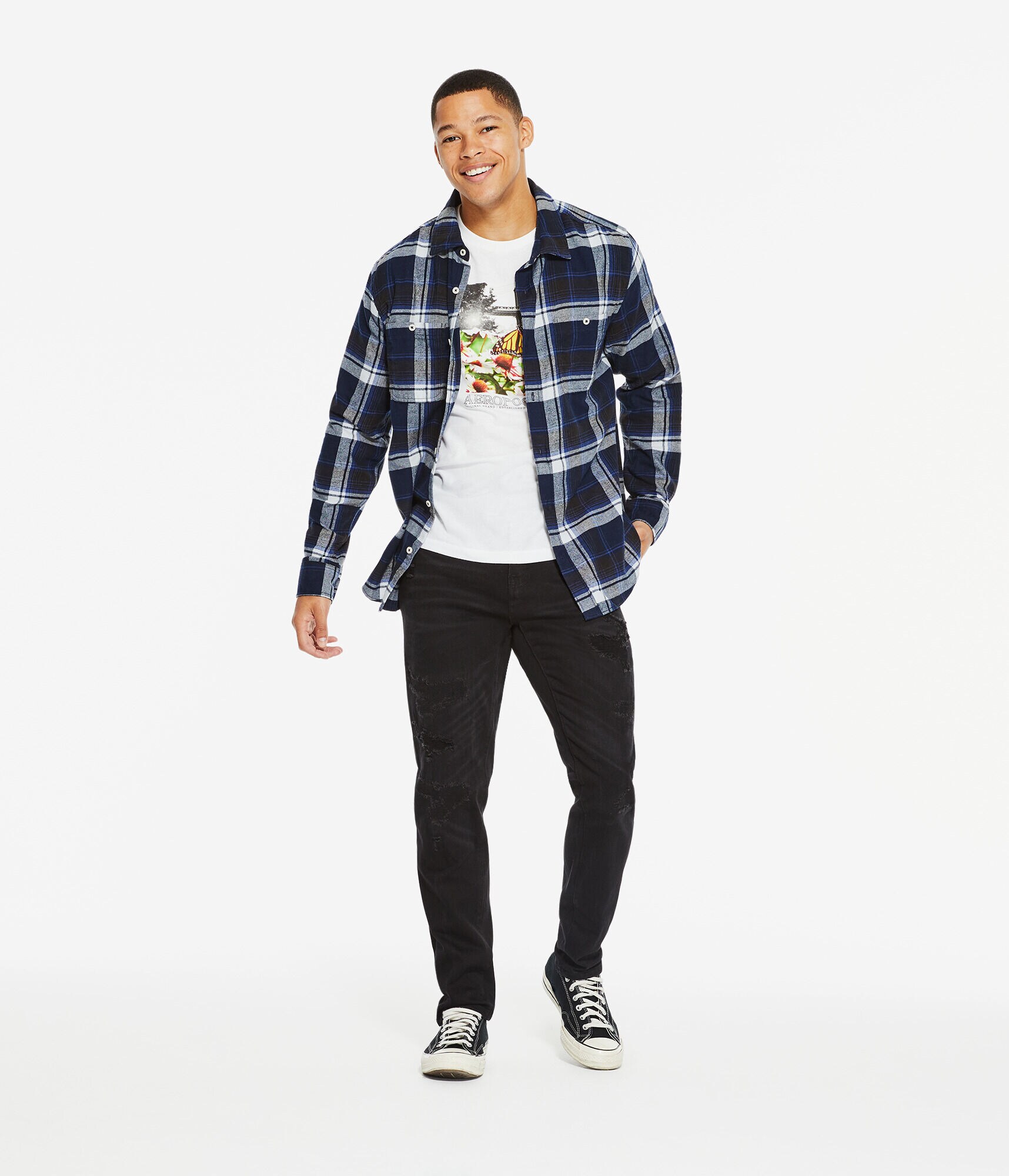 Long Sleeve Relaxed Washed Plaid Flannel Button-Down Shirt