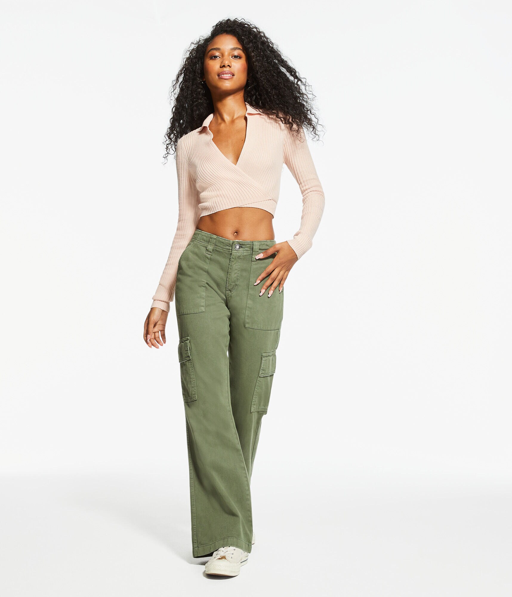 Wrap-Front Cropped Polo Sweater