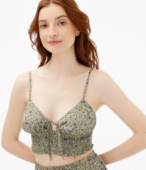 Floral Tie-Front Smocked Cropped Cami