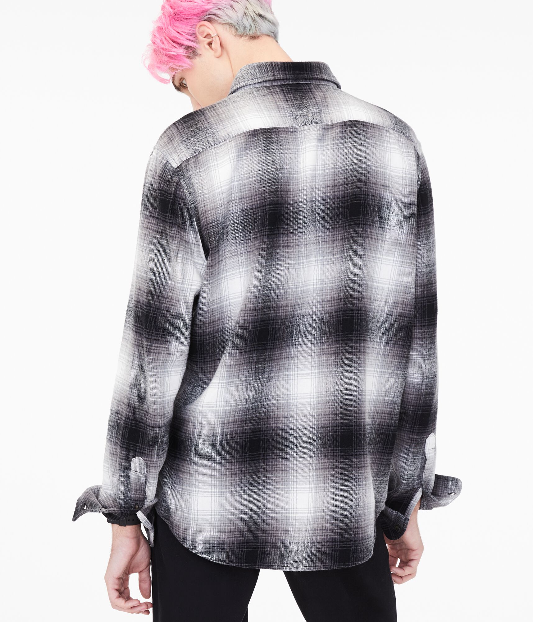Long Sleeve Blurred Plaid Button-Down Shirt