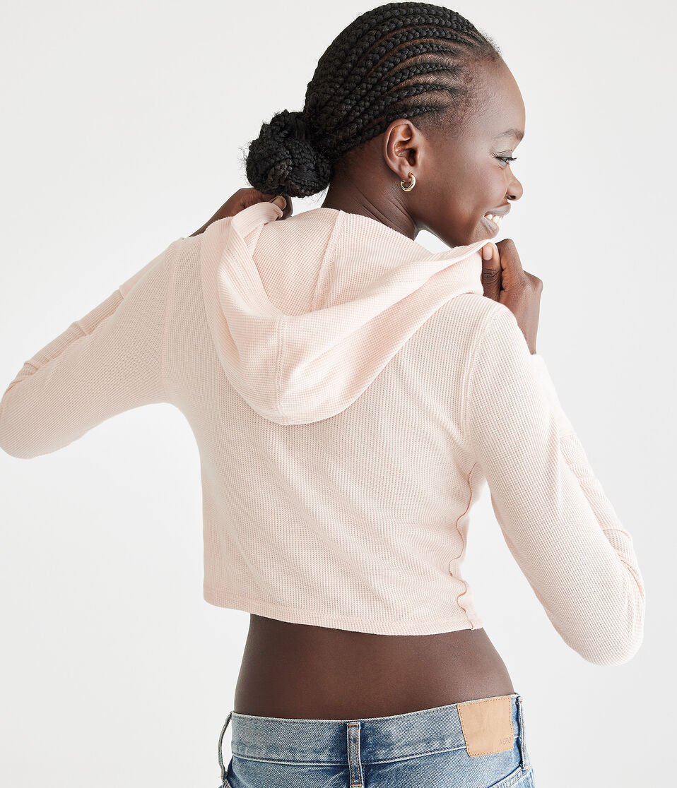 Long Sleeve Cropped Hooded Waffle Henley
