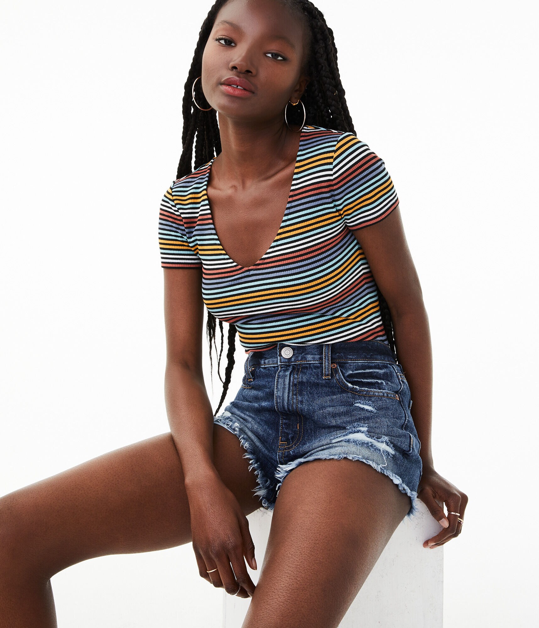 Striped V-Neck Bodycon Top