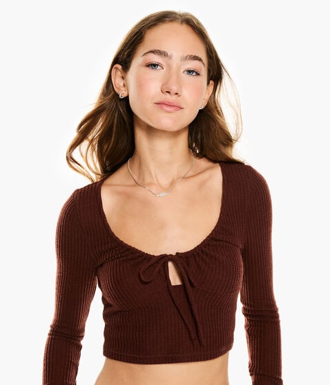 Long Sleeve Tie-Front Cropped Shrunken Tee Long Sleeve Tie-Front Cropped Shrunken Tee
