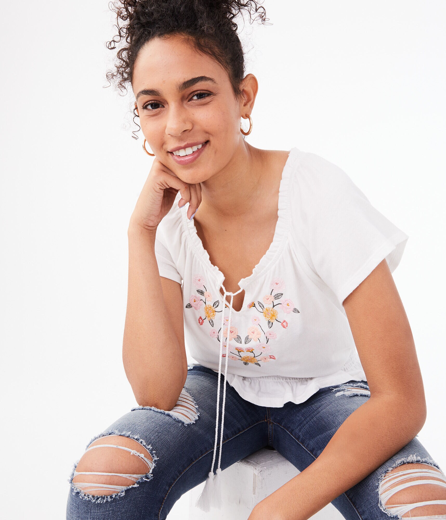 Embroidered Peasant Top