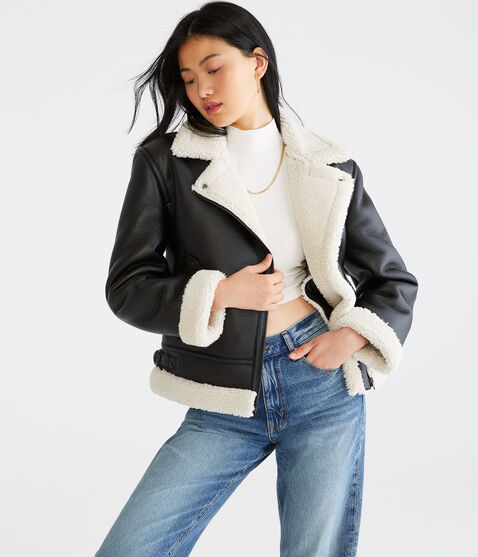 Faux Leather Shearling Moto Jacket