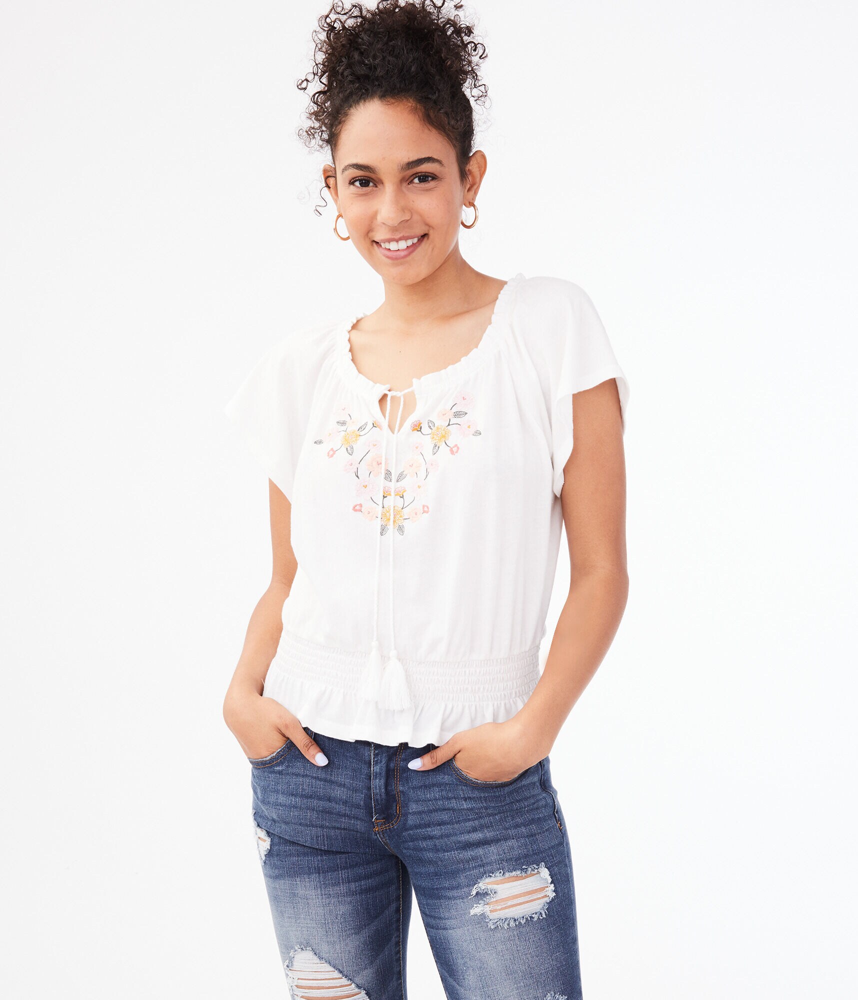Embroidered Peasant Top
