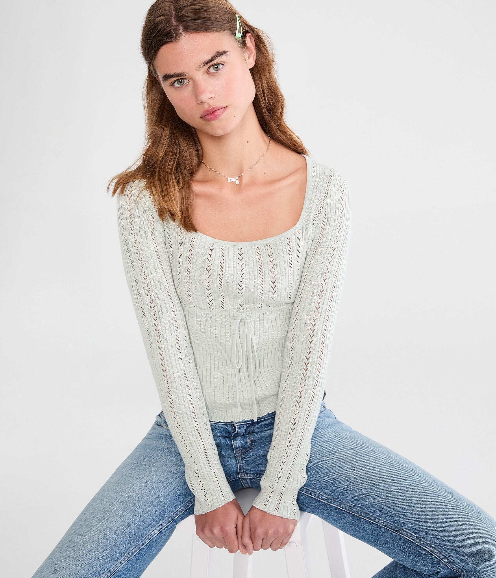 Pointelle Tie-Front Square-Neck Sweater