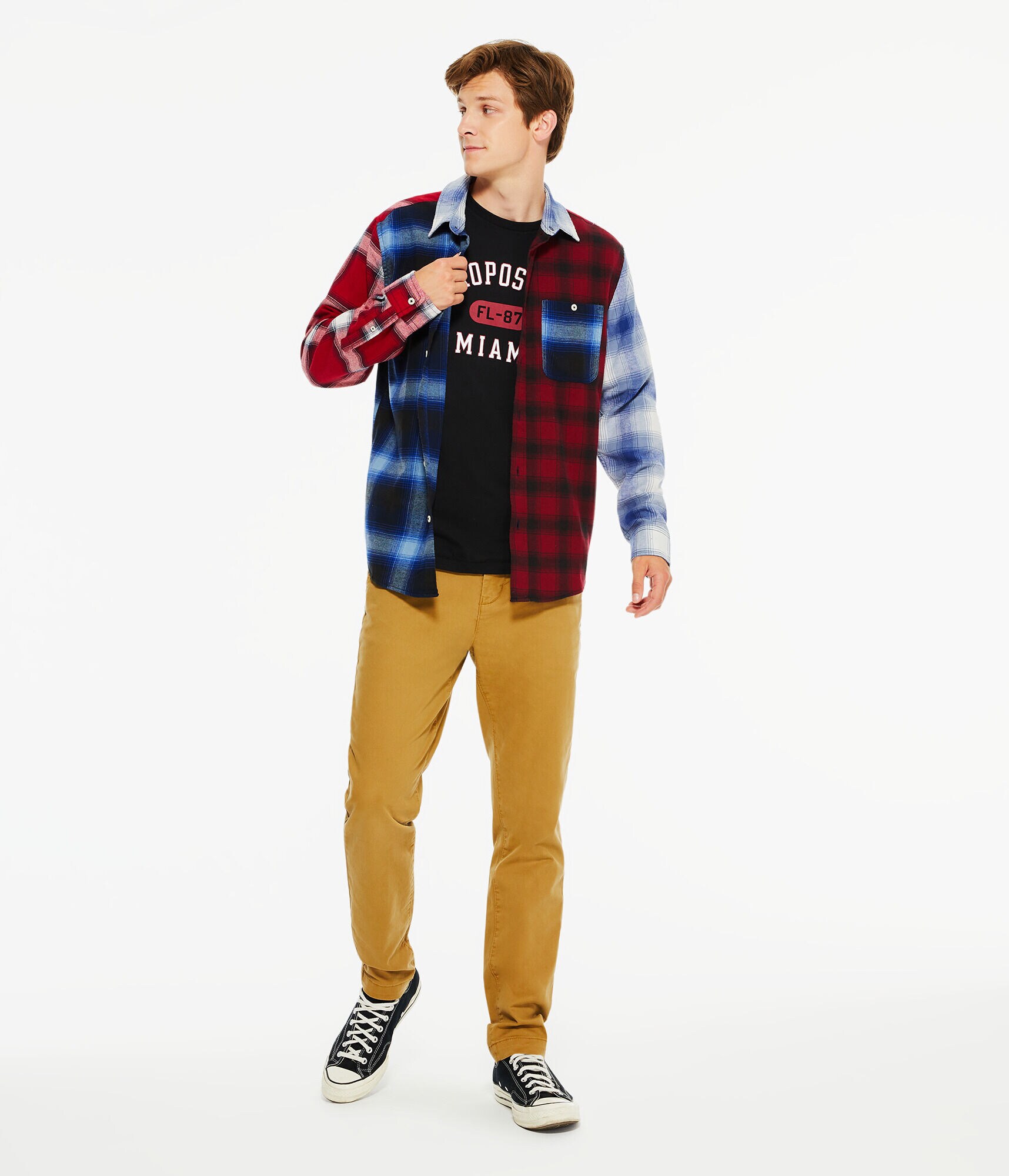 Long Sleeve Split Plaid Flannel Button-Down Shirt
