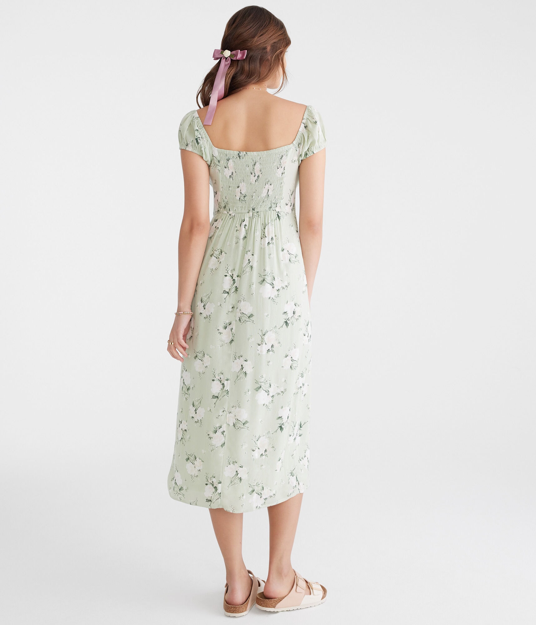 Floral Scoop-Neck Tie-Front Midi Dress