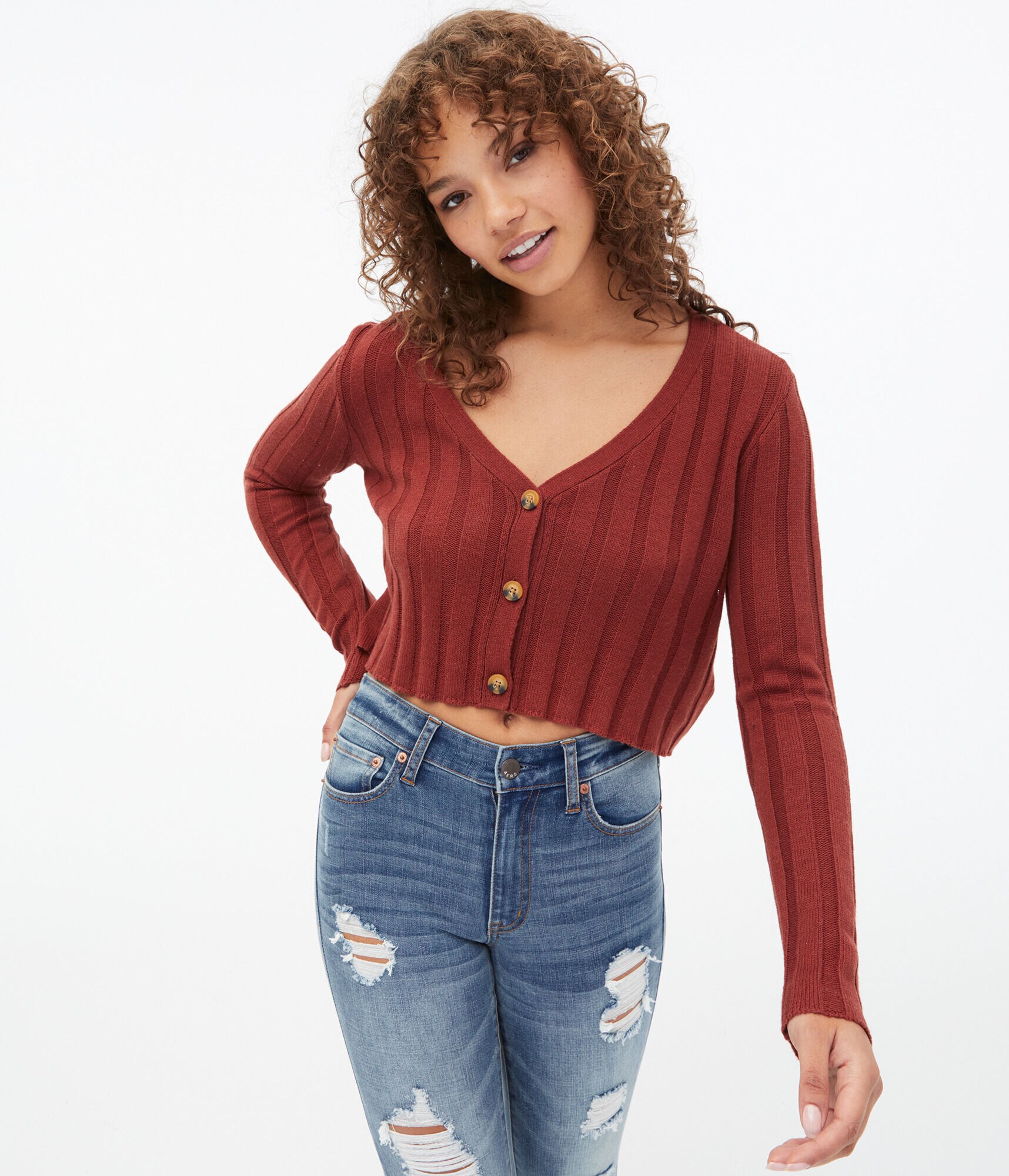 Ribbed Button-Front Cropped V-Neck Cardigan