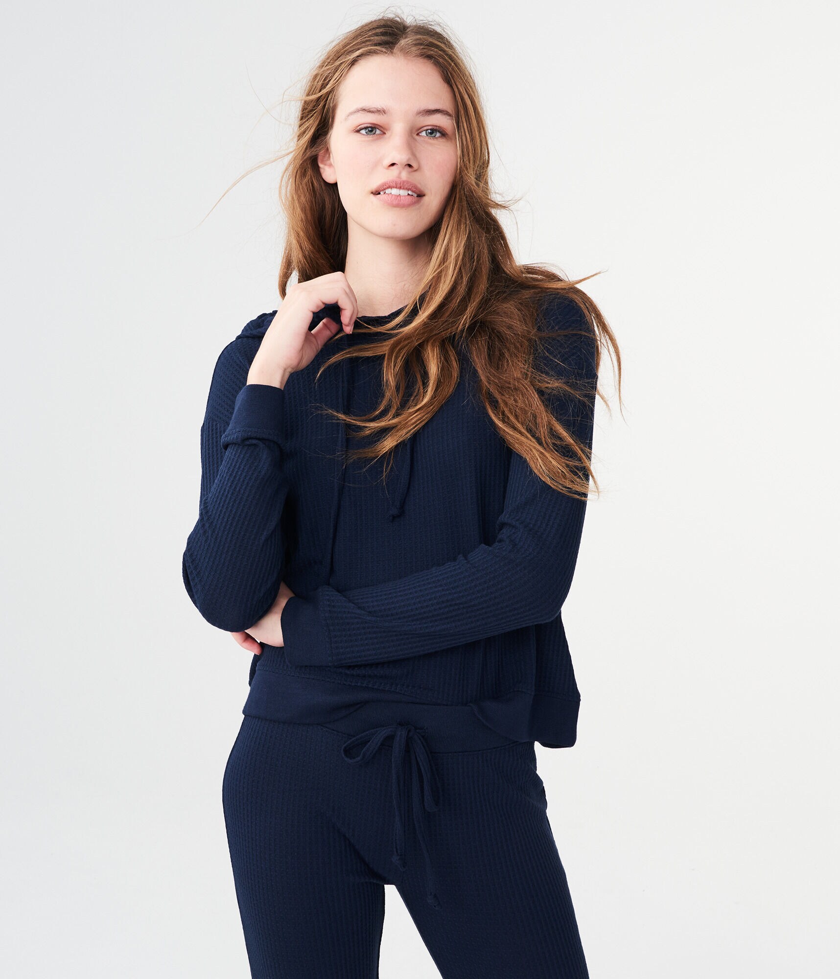 LLD Long Sleeve Solid Waffle-Knit Hooded Top