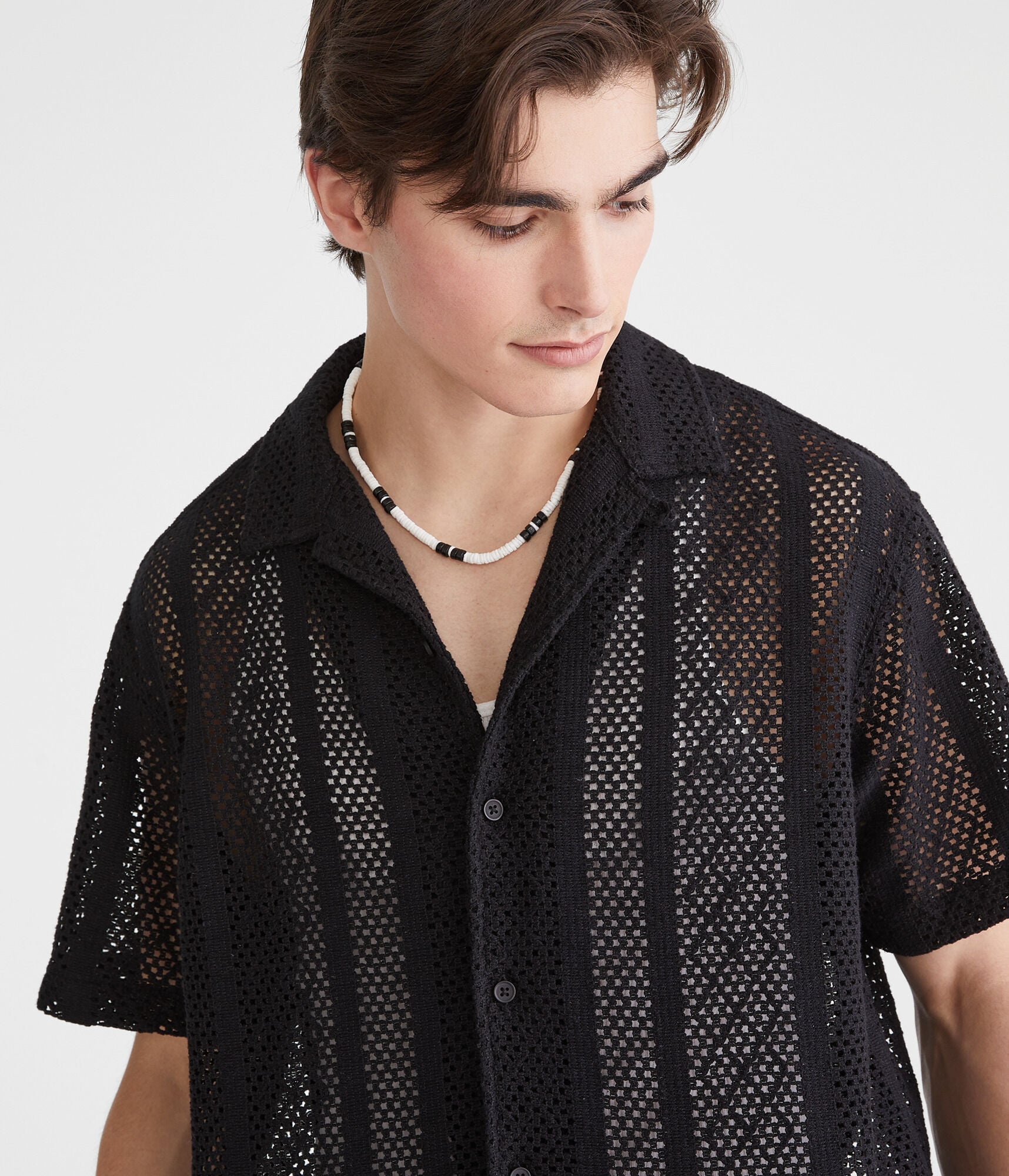 Short Sleeve Crocheted Boxy Camp Shirt