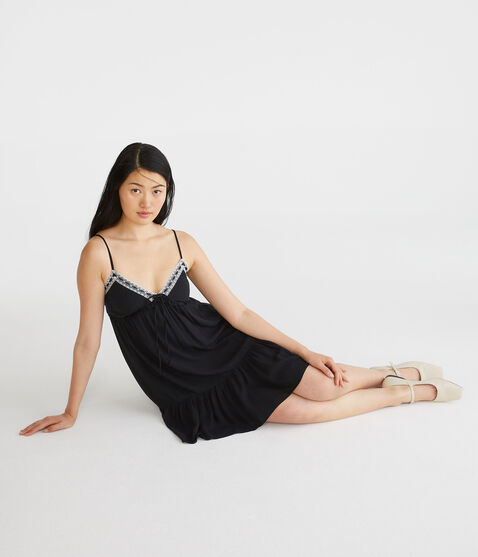 Solid V-Neck Lace-Trimmed Babydoll Dress
