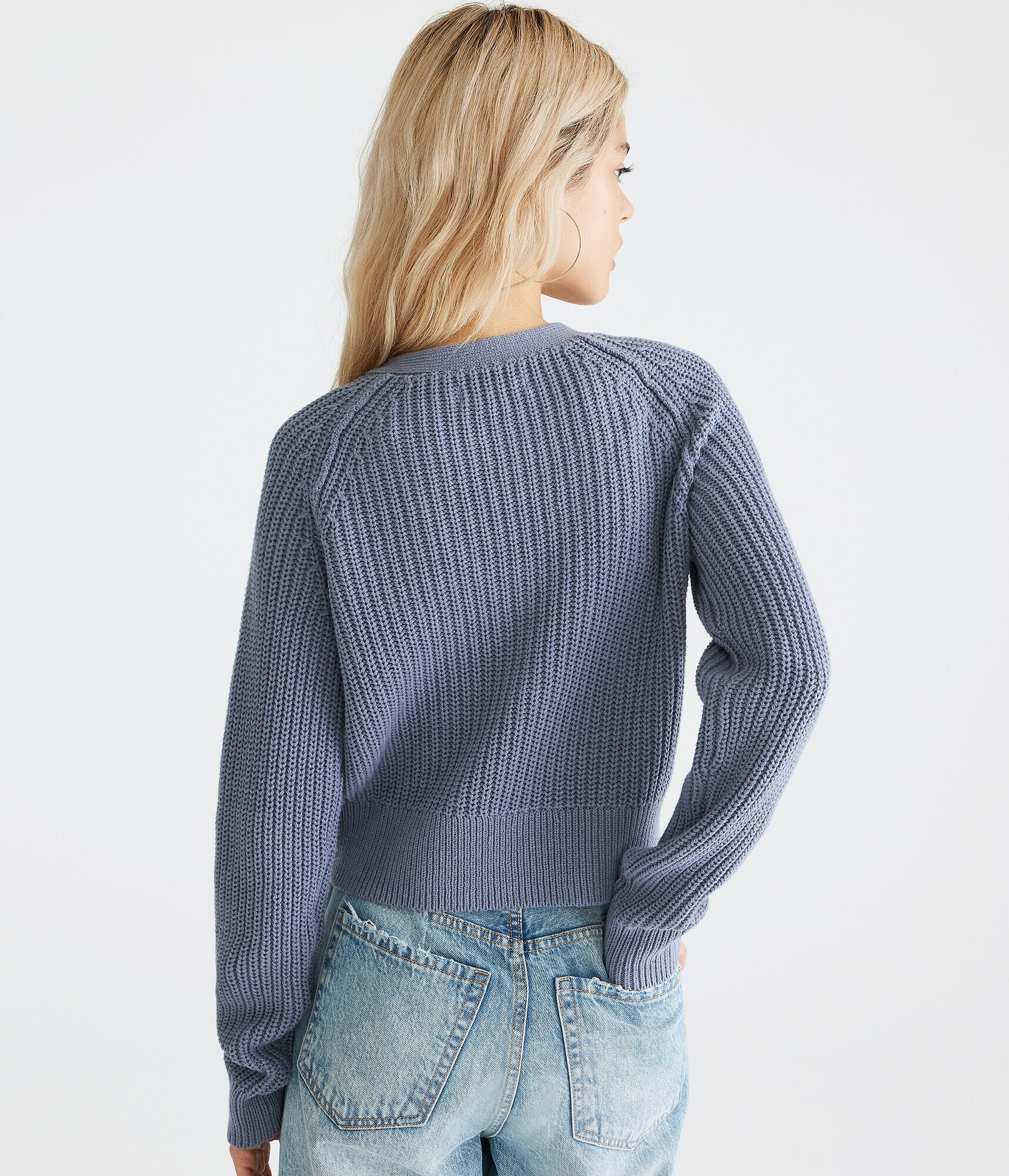 Ribbed Cropped V-Neck Henley Sweater