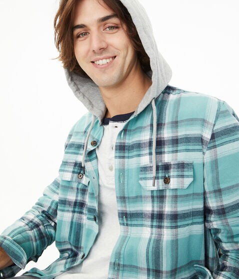 Long Sleeve Plaid Hooded Button-Down Shirt Long Sleeve Plaid Hooded Button-Down Shirt