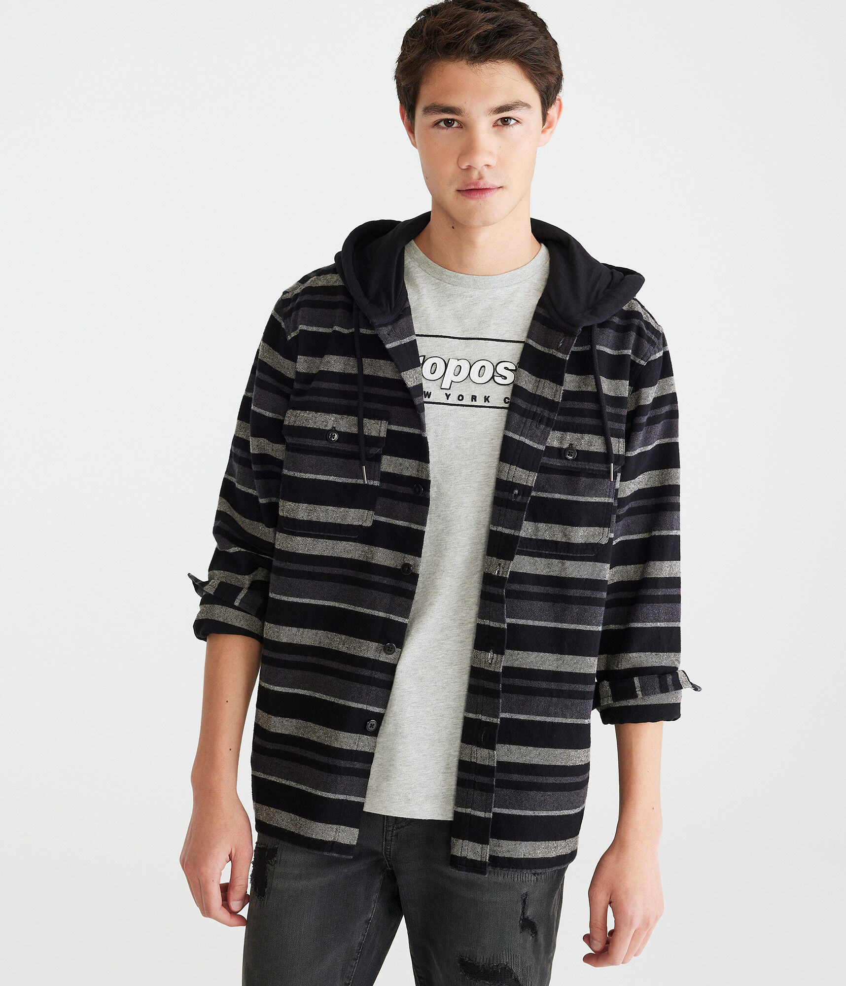 Long Sleeve Striped Hooded Flannel Shirt