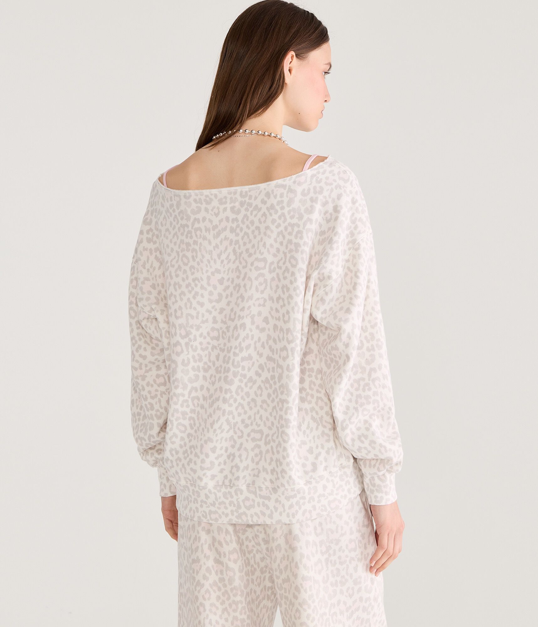 Cloud Soft Snow Leopard Print Oversized Off-The-Shoulder Sweatshirt