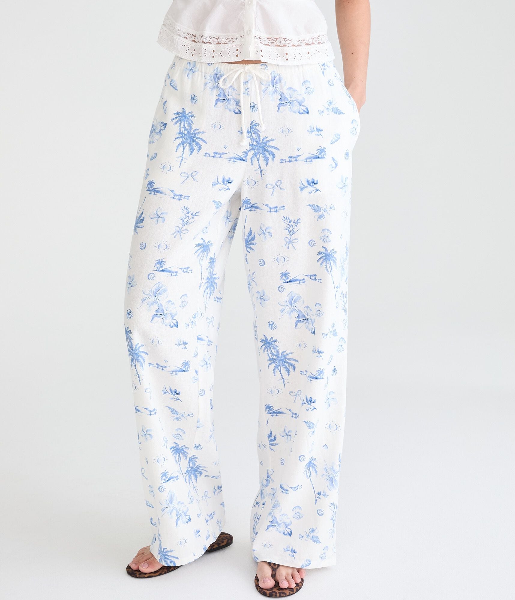 Tropical Print Drawstring Linen Pants