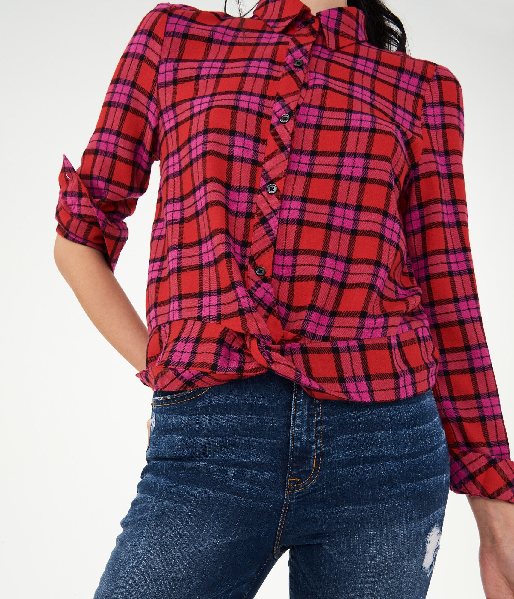 Long Sleeve Plaid Knot-Front Woven Shirt