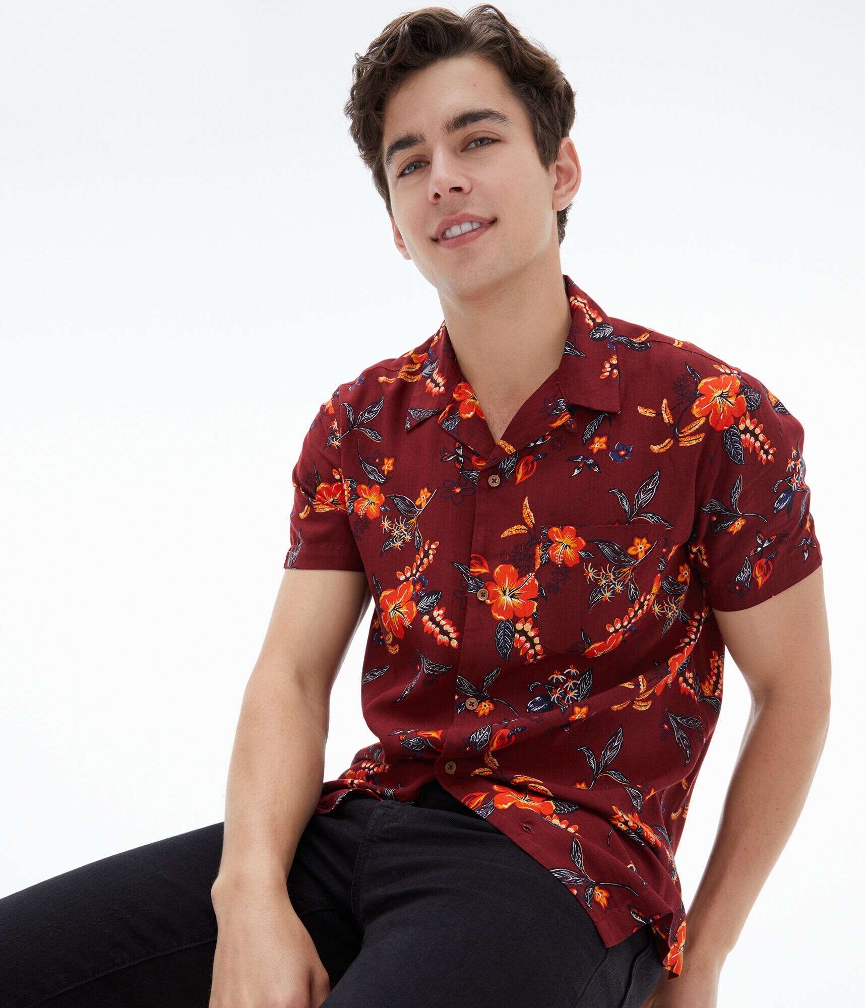 Tropical Floral Button-Down Camp Shirt