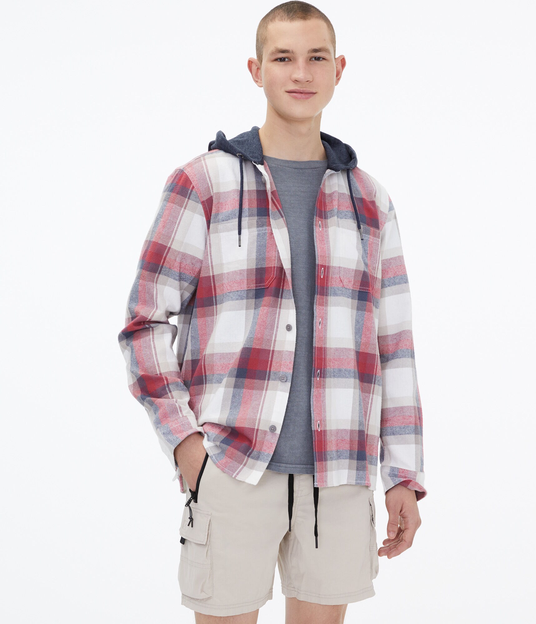 Long Sleeve Plaid Flannel Hooded Button-Down Shirt