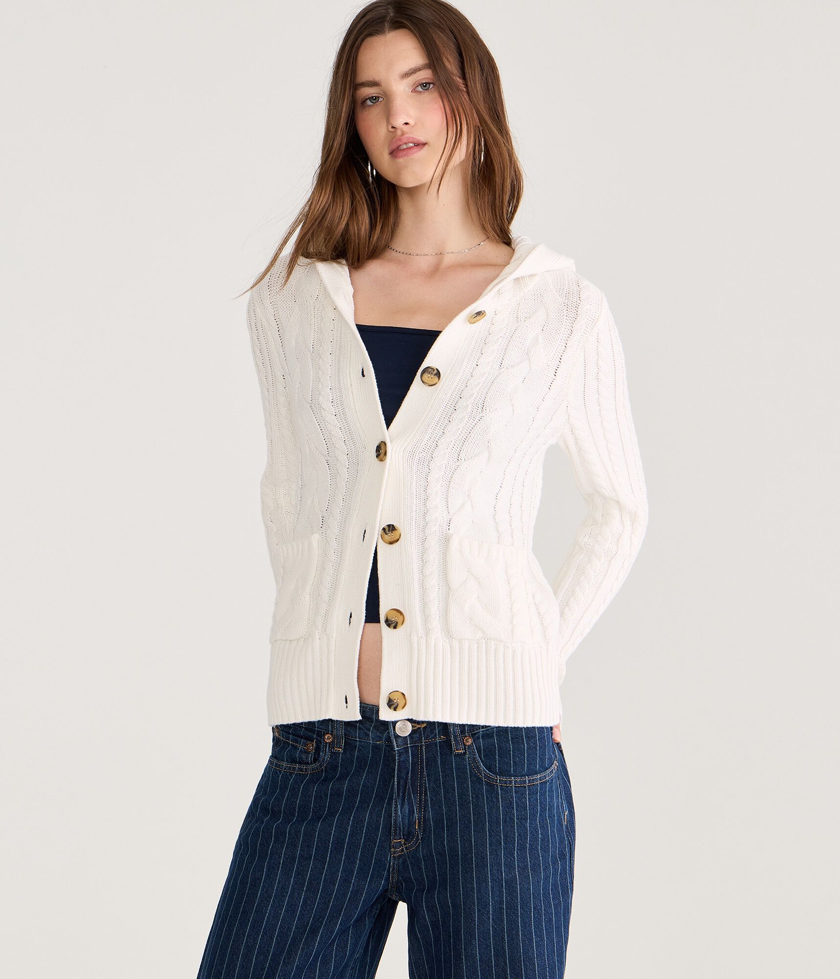 Hooded Button-Front Cable Cardigan