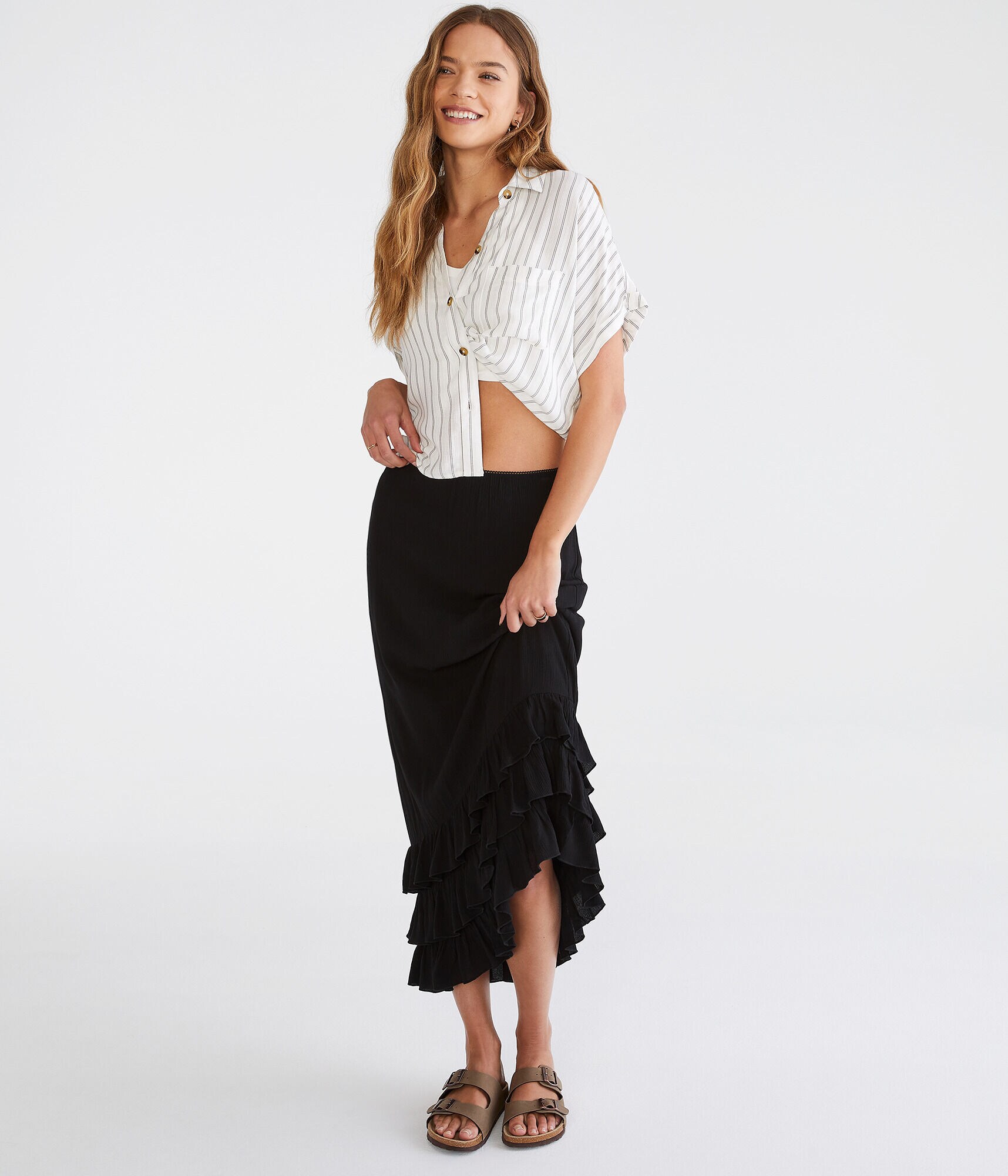Ruffled Asymmetrical Midi Skirt