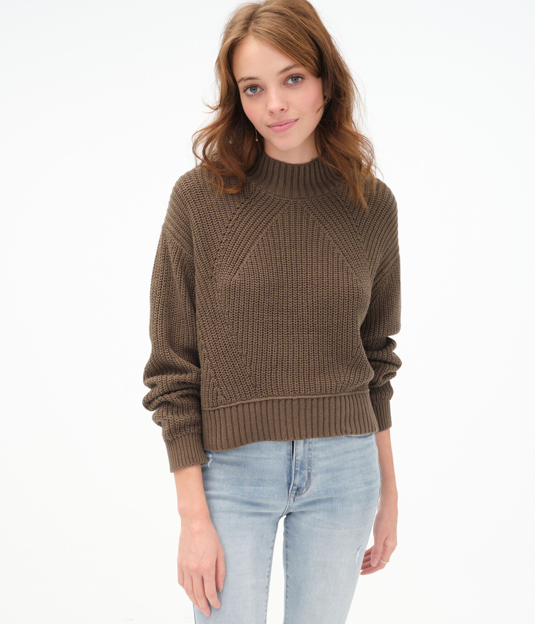 Ribbed Cropped Mock-Neck Sweater
