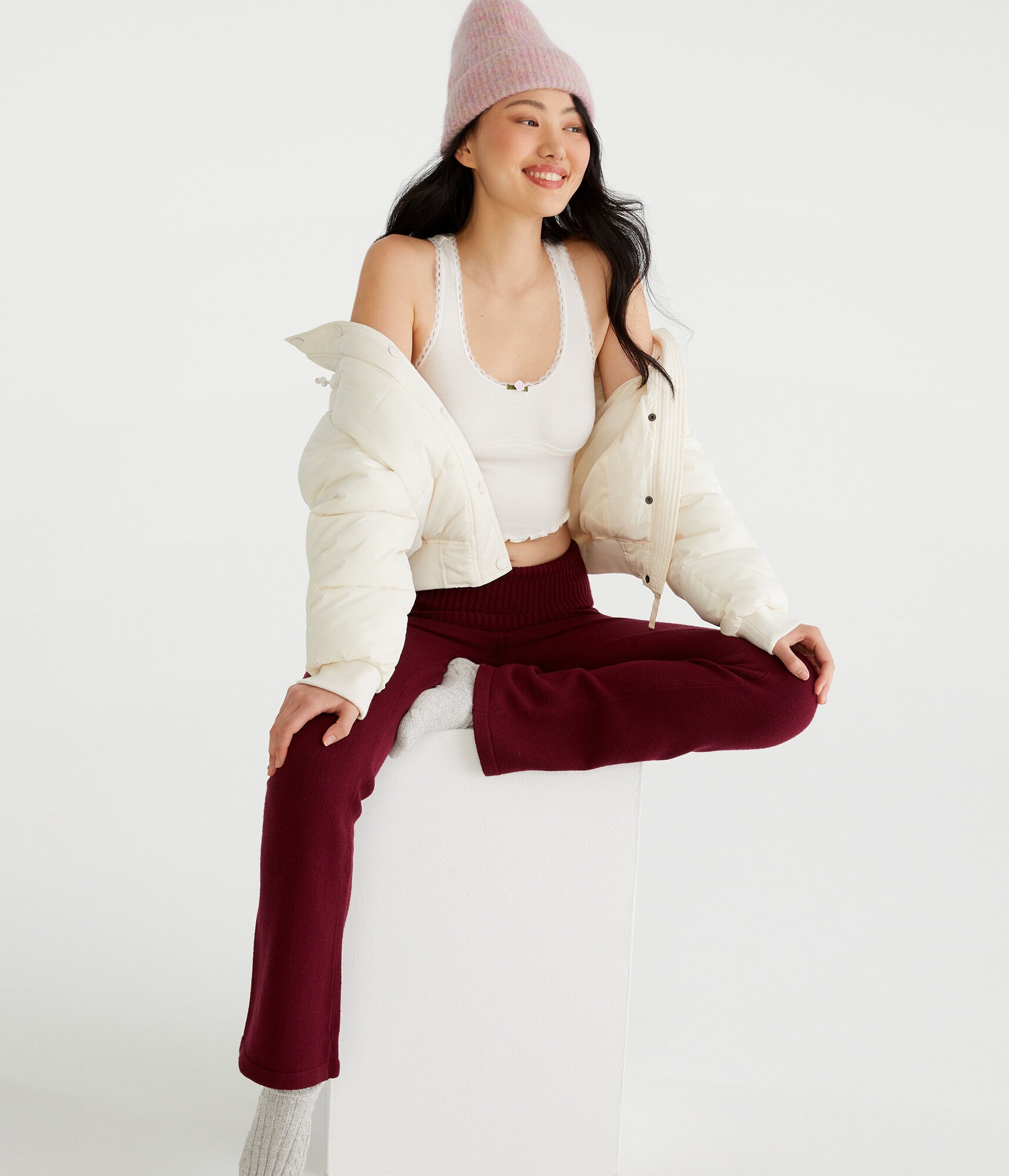 Flare Mid-Rise Fold-Over Sweater Pants